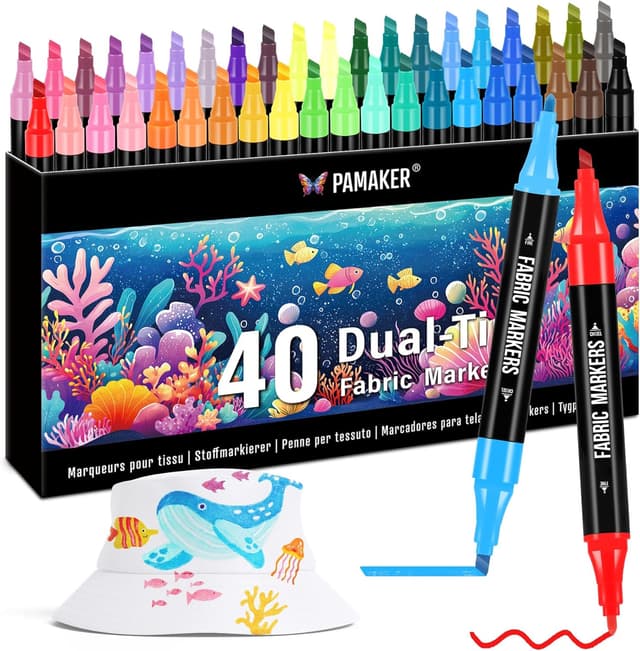 Detalle de Pamaker 40 Textilstifte Dual Tip – waschmaschinenfest, permanent & wasserfest für Shirts, Taschen und mehr