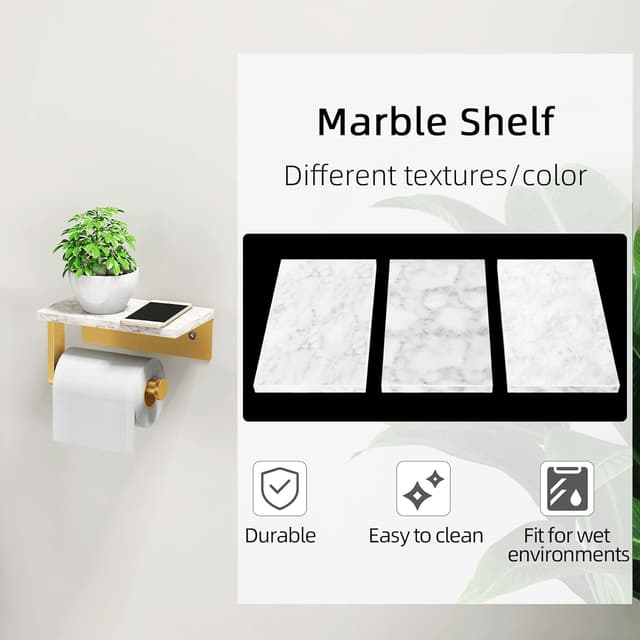 Detalle de Gypie wall-mounted toilet roll holder with marble shelf (304 stainless steel) in matt gold