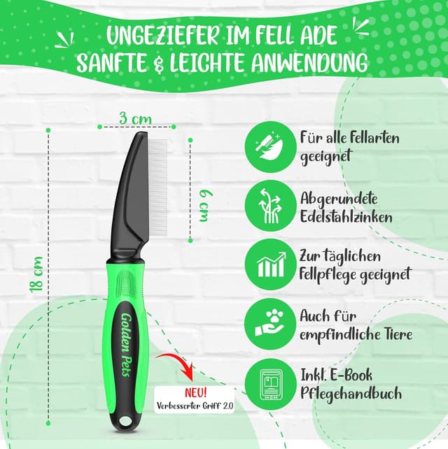 Detalle 2 de Golden Pets Flohkamm mit rotierenden Zinken – Läuse-, Floh- und Staubkamm für Hunde & Katzen