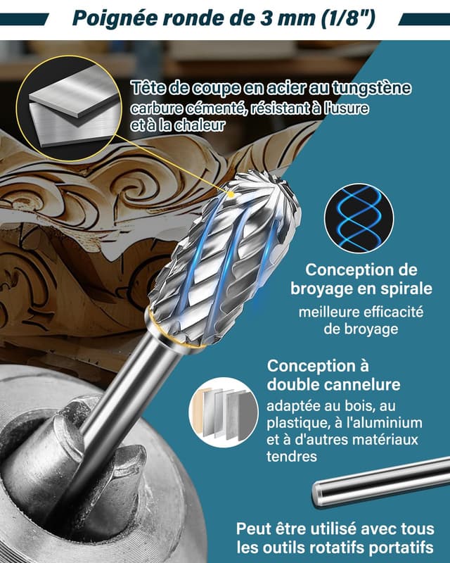 Detalle de Set de 12 fraises rotatives en carbure de tungstène Lytool (double coupe) tige 1/8" pour Dremel, gravure, polissage et sculpture