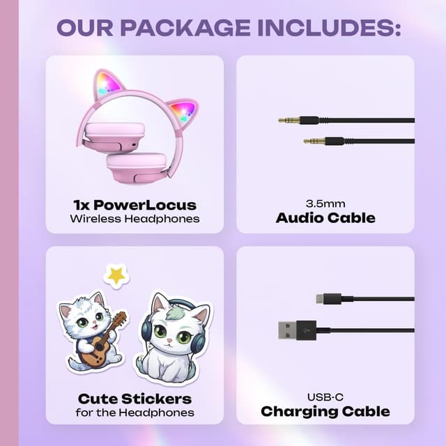 Detalle de PowerLocus Bluetooth Kinderkopfhörer Over Ear mit Lautstärkebegrenzung (74/85/94 dB), LED & Mikrofon, faltbar (Lila/Rosa)