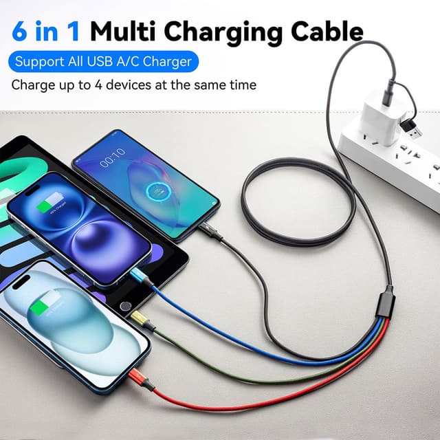Detalle de MINLU 6 in 1 Multiple Charging Cable (2-Pack, 6Ft) — USB A/C to Lightning, USB-C, and Micro USB