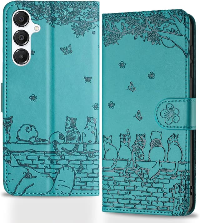Detalle de Butnyeoe Handyhülle für Samsung Galaxy S24 FE – Klapphülle im Wallet-Case-Stil mit Magnetverschluss, Kartenfächern und Standfunktion (blau-grün)