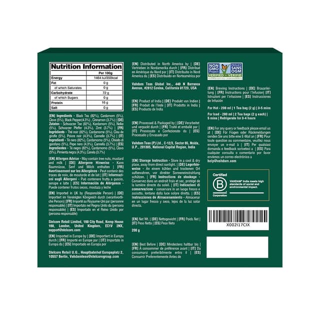 Detalle 2 de VAHDAM Indischer Original Masala Chai Teebeutel – 100 Pyramidenbeutel mit schwarzem Tee & Gewürzen