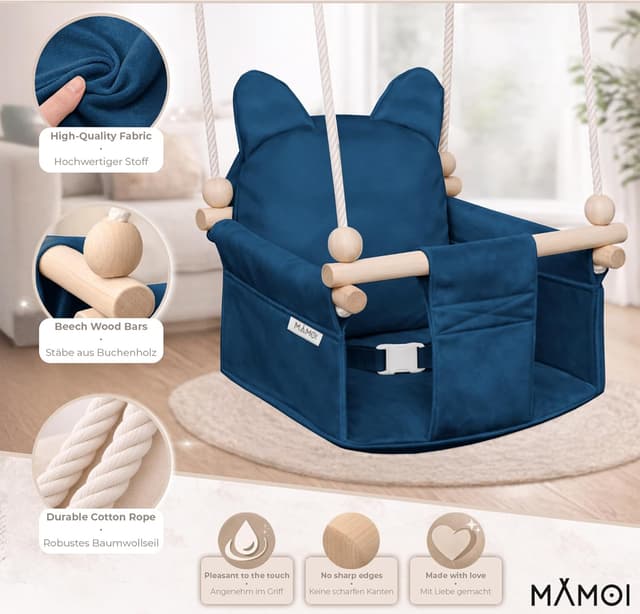 Detalle de Balançoire intérieure MAMOI avec ceinture de sécurité, hauteur réglable 150–190 cm et siège en velours