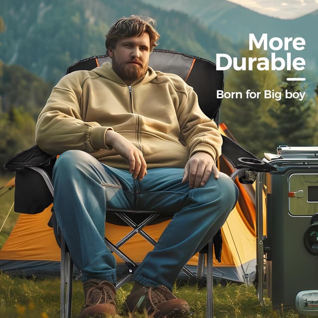 Thumbnail 5 de ALPHA CAMP Heavy Duty Folding Camping Chair for Adults up to 200 kg (Black) with Cup Holder and Cooler Bag