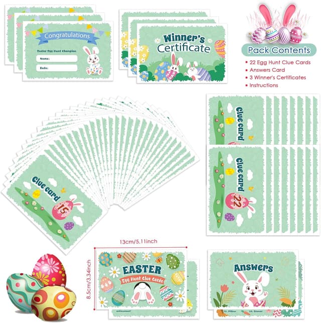 Detalle 2 de AhfuLife 27pc Easter Egg Hunt Clue Cards Game Kit with Winner Certificates
