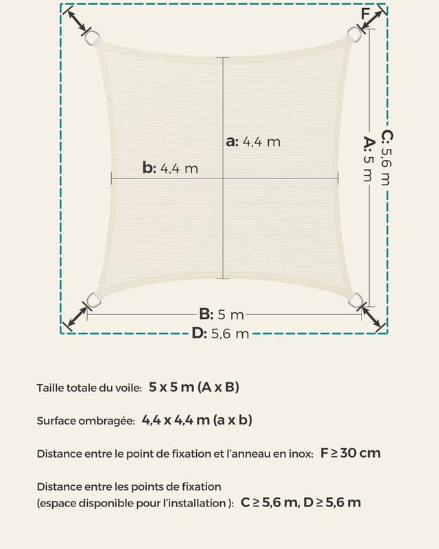 Detalle de Songmics Voile d’Ombrage 5 x 5 m en HDPE respirant et perméable à l’eau, beige