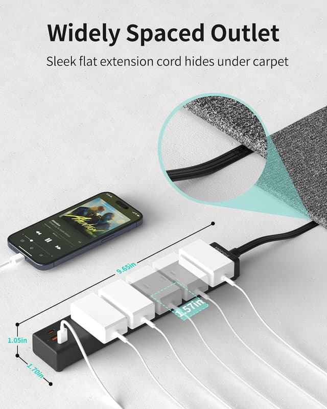 Thumbnail 4 de HOPOW Flat Plug Power Strip 1700J with 5 Outlets & 3 USB