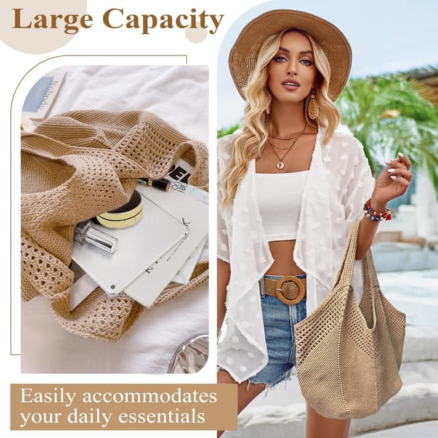 Detalle 2 de Mabecol Sac de plage femme en polyester tricoté, grand cabas à bandoulière