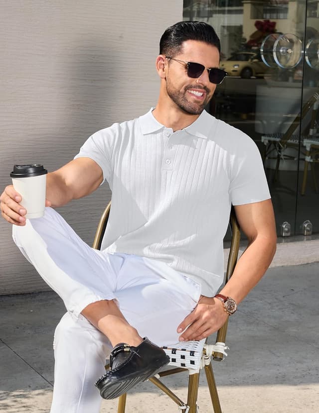 Detalle de COOFANDY Polo Homme tricoté manches courtes stretch à 3 boutons