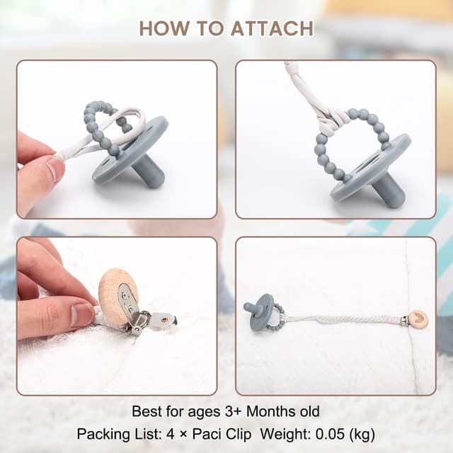 Detalle de CLDY Baby Schnullerkette Clip im 4er-Set – Schnullerband mit Clip für Kinderwagen, Babytrage & Autositz