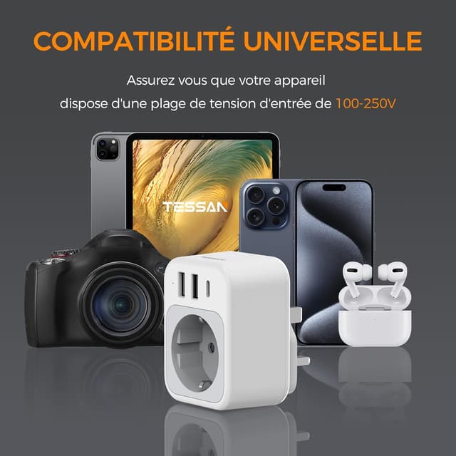 Thumbnail 6 de TESSAN adaptateur prise anglaise 4 en 1 (type G) vers France : 1 USB‑C + 2 USB‑A