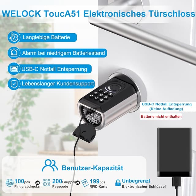 Detalle 1 de WELOCK ToucA51 elektronisches Türschloss mit Fingerabdruck, Zahlencode und RFID-Karte (App, verstellbarer Zylinder)