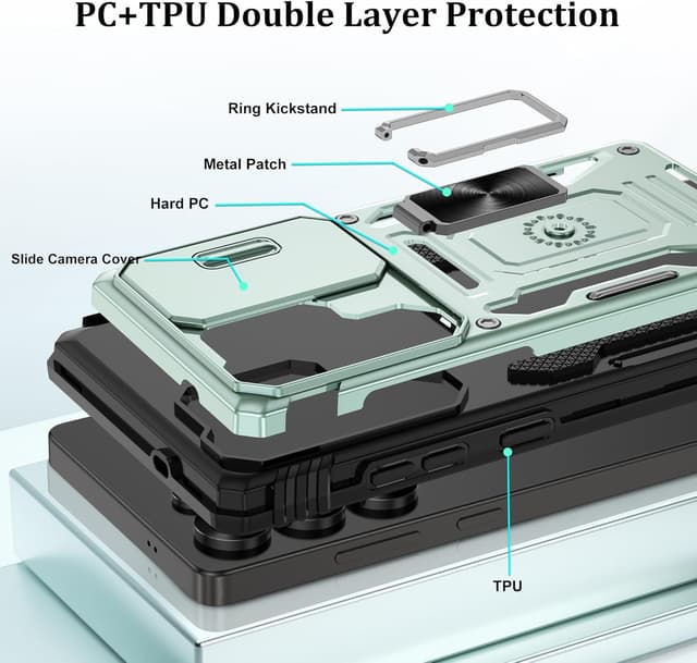 Detalle 2 de Jshru Samsung Galaxy S25 Ultra case with screen protector, sliding camera cover and ring stand (Alpine Green)