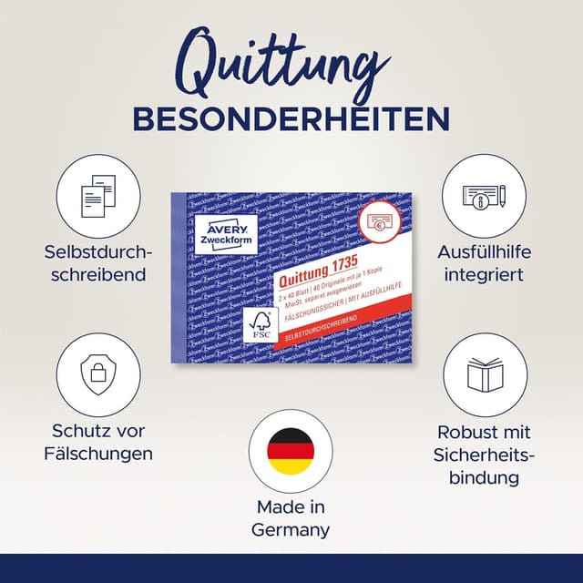 Detalle de AVERY Zweckform 1735 Quittungsblock A6, 2x40 Blatt 📄