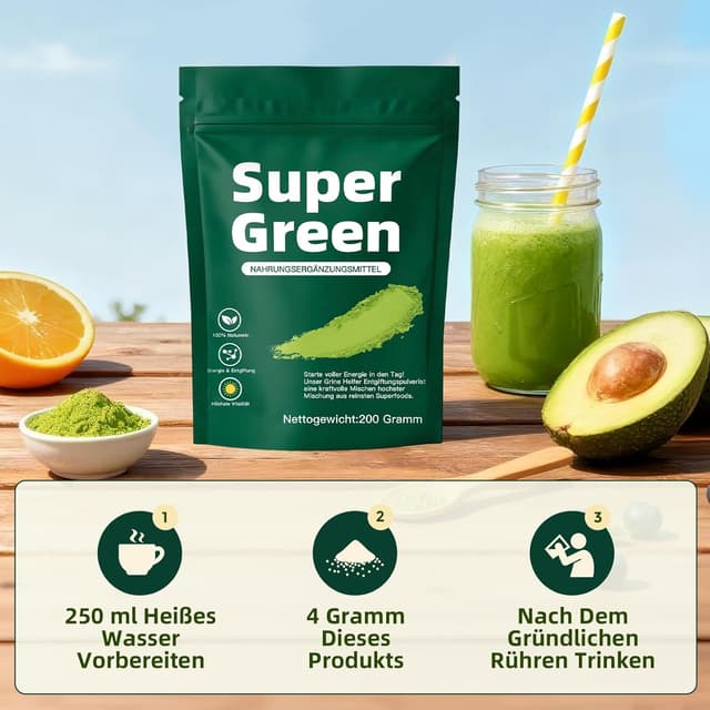 Thumbnail 4 de Grüne Entgiftungspulver (200 g) – Superfood Greens Pulver mit Spirulina, Gerstengras, Kurkuma & Vitamin D3