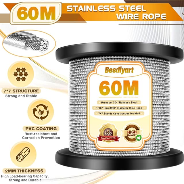 Detalle de 94-piece 304 Stainless Steel Wire Rope Kit (PVC Coated) with M4 Turnbuckles – 60m Garden Wire