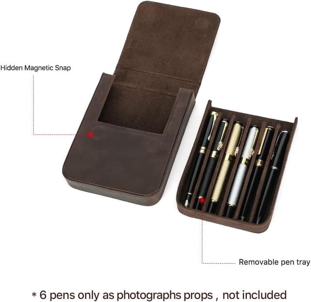 Detalle 2 de Hiram leather pen box for 6 pens with hidden magnetic snap closure (coffee)