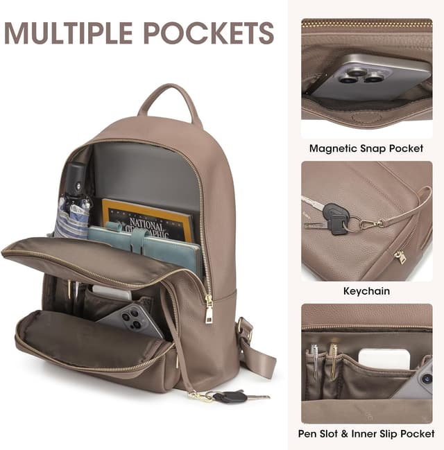 Detalle de Sac à dos en cuir véritable Kattee pour femme avec compartiment pour ordinateur 14 pouces