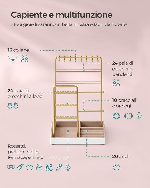 Detalle 2 de SONGMICS Portagioie JJS021A01 in metallo e velluto, per collane, orecchini e anelli (dorato)
