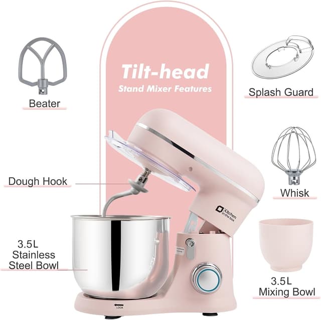 Detalle de Kitchen in the box Small Stand Mixer (Mini Food Mixer) with Two 3.5L Bowls, 10 Speeds – Rose Pink