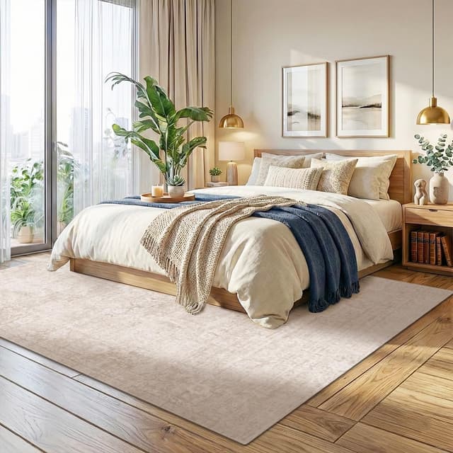 Detalle de Homemate Washable Rug 8x10 Area Rugs (Vintage Faux Wool Look) — Beige, Non-Slip Foldable Carpet