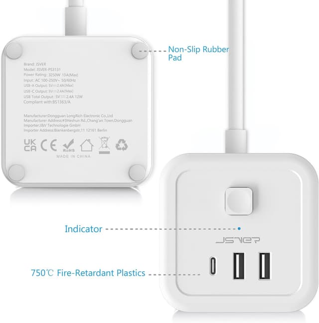 Detalle 2 de JSVER Cube Extension Lead 2m with USB ports 🔌
