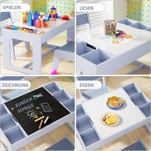 Thumbnail 4 de Clevich Kindersitzgruppe mit Stauraum, Kindertisch mit 2 Stühlen, Kinder Tisch Stuhl Set mit wendbarer Tischplatte, Packung mit 2 Stühlen, Kinderschreibtisch für Kindertagesstätte, ab 3 Jahren, BlauClevich Kindersitzgruppe mit Stauraum, Kindertisch…