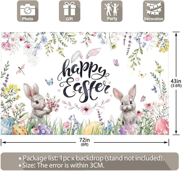 Detalle de Luminora 72x43inch Spring Happy Easter Photography Backdrop (Rabbit, Flowers & Colourful Eggs)