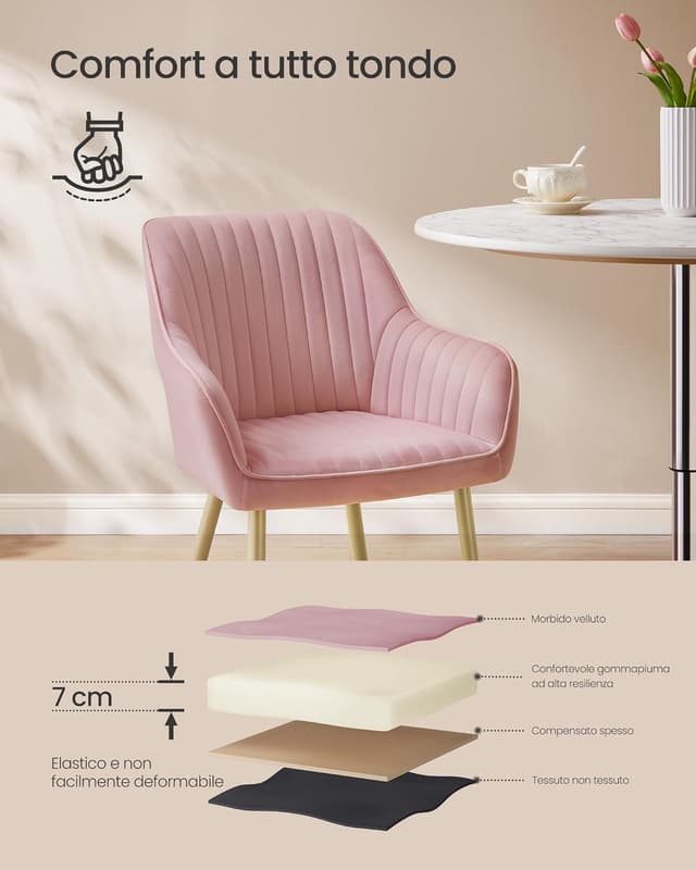 Detalle de SONGMICS sedia da pranzo e cucina con braccioli in velluto imbottita LDC087R01 rosa pastello e dorato pallido