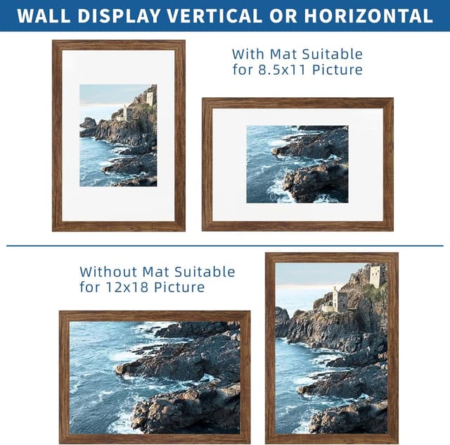 Detalle de Hongkee 12x18 Frame Set of 2 (Rustic Brown Wood Style) for 12x18 Posters or 8.5x11 Photos with Mat