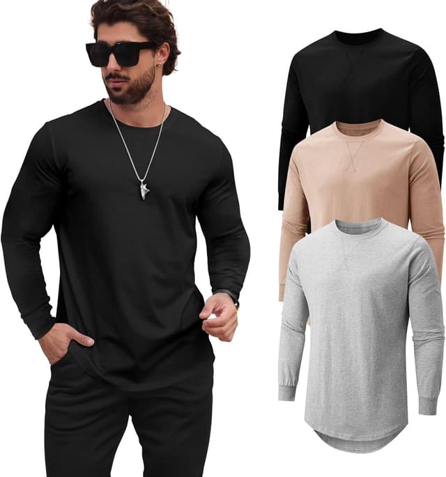Detalle de Mancozy Men’s Longline Crewneck Long-Sleeve T-Shirts (3-Pack) for Casual Hip-Hop Style