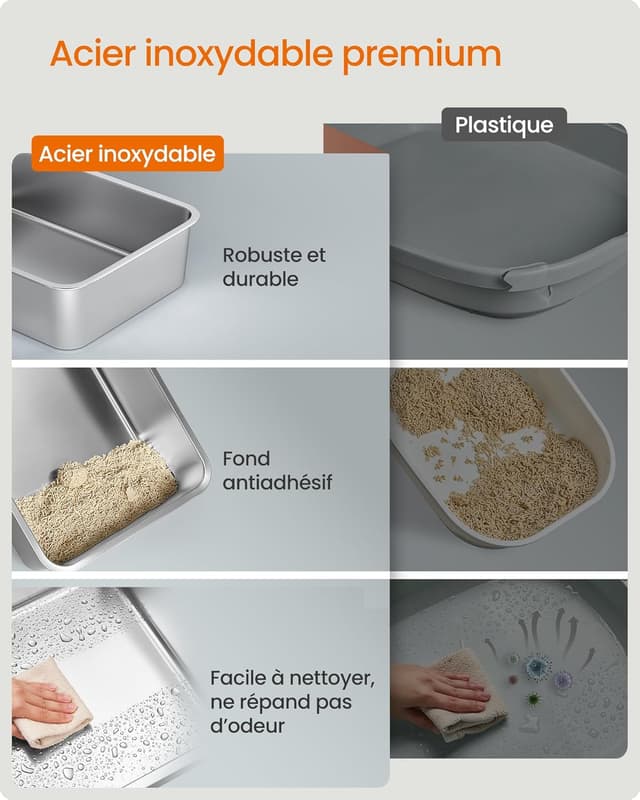 Detalle de Feandrea PPT007GN01 – bac à litière en acier inoxydable avec couvercle, pelle, tapis et 2 entrées (jusqu’à 15 kg), gris tourterelle