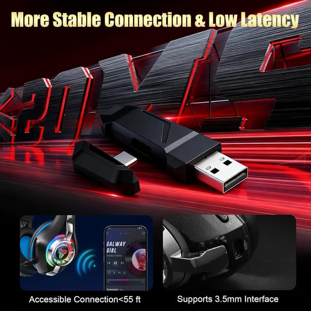 Detalle de Ordtop 2.4GHz Wireless Gaming Headset (GS400) with ENC mic, 7.1 surround and up to 40H battery