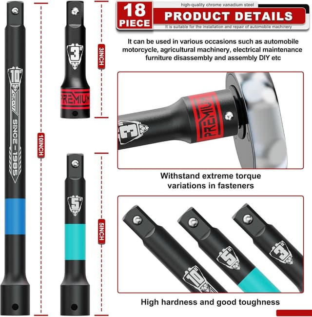 Detalle de KIRXST Set bussole a impatto 1/2" 10–24 mm (18 pezzi) con barre di estensione 3”, 5” e 10”