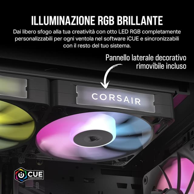 Detalle de CORSAIR iCUE LINK RX120 RGB da 120 mm con Hub iCUE LINK e PWM, tripla confezione nera