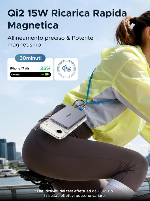 Detalle de UGREEN MagFlow Air Qi2 15W batteria esterna magnetica 10.000 mAh con MagSafe e USB-C PD 30W (MagFlow Air) — grigio