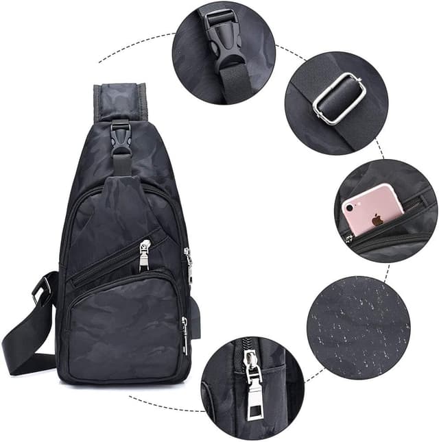 Detalle 2 de flintronic Zaino Monospalla Sling Bag a tracolla uomo con USB esterna e 3 tasche