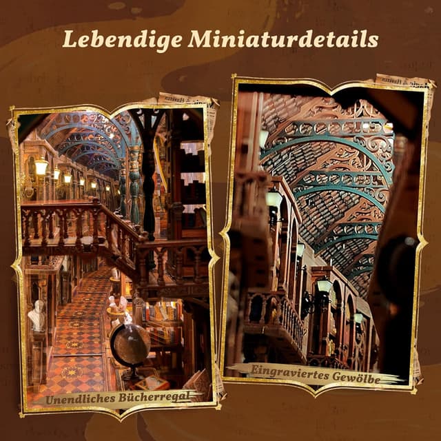 Detalle de FUNPOLA Magic Library Book Nook Kit mit LED 3D und Infinity-Spiegel – DIY Holzpuzzle für Mini-Bibliothek