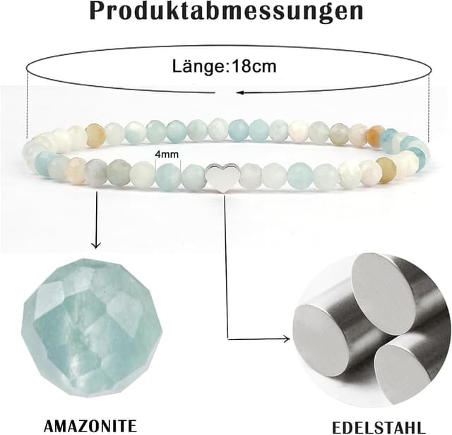 Detalle 2 de RUBY Edelstein-Perlenarmband für Frauen mit 4-mm-Perlen und 18K vergoldetem Edelstahlherz (elastisch, im Geschenkbox-Set)