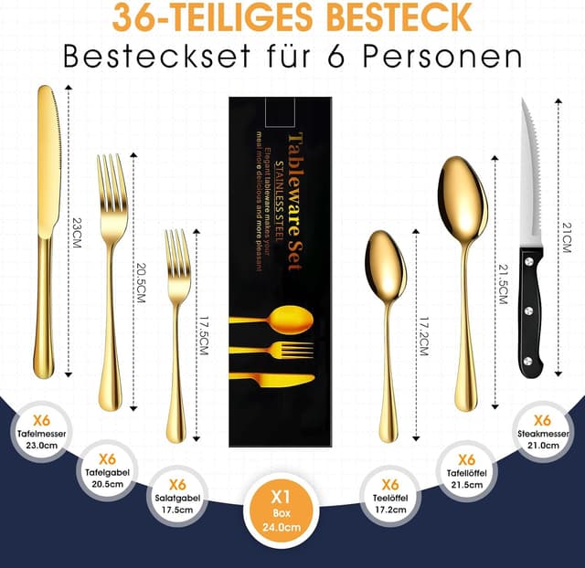 Detalle 2 de TAN REN Gold Besteck Set 6 Personen 36-teilig