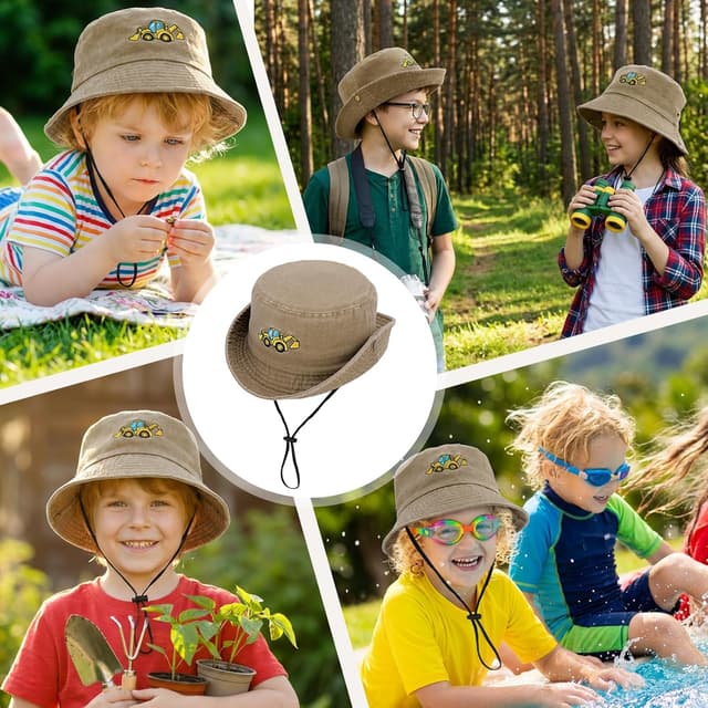 Detalle 2 de ViEinkaufen Kids Bucket Hat with Excavator Design (Beige) – Adjustable Drawstring & Chin Strap Sun Hat for Age 3–8