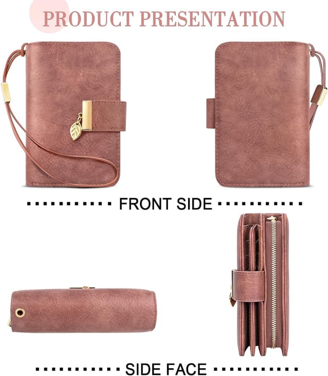 Detalle 2 de Faneam Damen-Geldbörse aus Leder mit RFID-Schutz, klein, mit 14 Kartenfächern und Reißverschluss-Münzfach