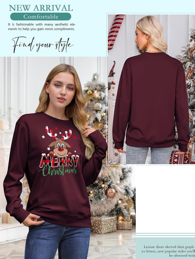 Detalle de Yihelian Damen-Sweatshirt mit Rentier-Elch-Motiv aus Baumwolle – weiches Rundhals-Shirt für Winter & Weihnachten
