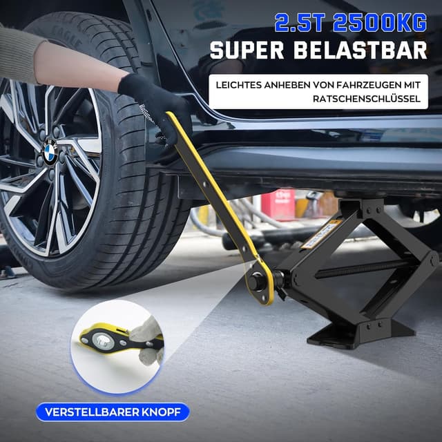 Detalle de IMAYCC Wagenheber 2,5 t (2500 kg) für BMW – Scherenwagenheber mit 2 Gummiauflagen und Radmutternschlüssel