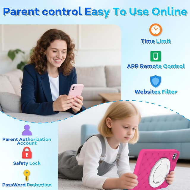 Thumbnail 6 de DMOAO Tablette Enfants 10 pouces Android 15, 5G Wi‑Fi 6, 30 Go RAM (TF 2 To) et contrôle parental, rose rouge