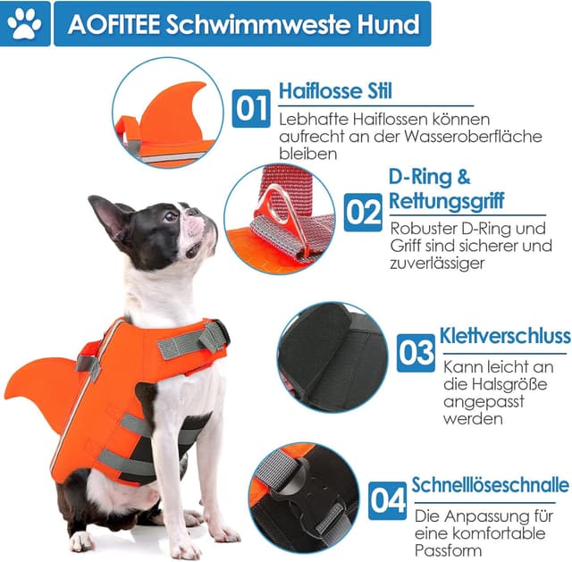 Detalle de AOFITEE Schwimmweste für Hunde „Hai“ (mittel, verstellbar, Orange) mit Rettungsgriff