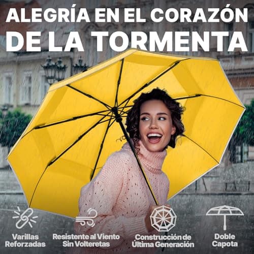 Detalle 2 de Royal Walk paraguas de viaje plegable antiviento con doble toldo ventilado, mango de madera y apertura automática (amarillo, L)