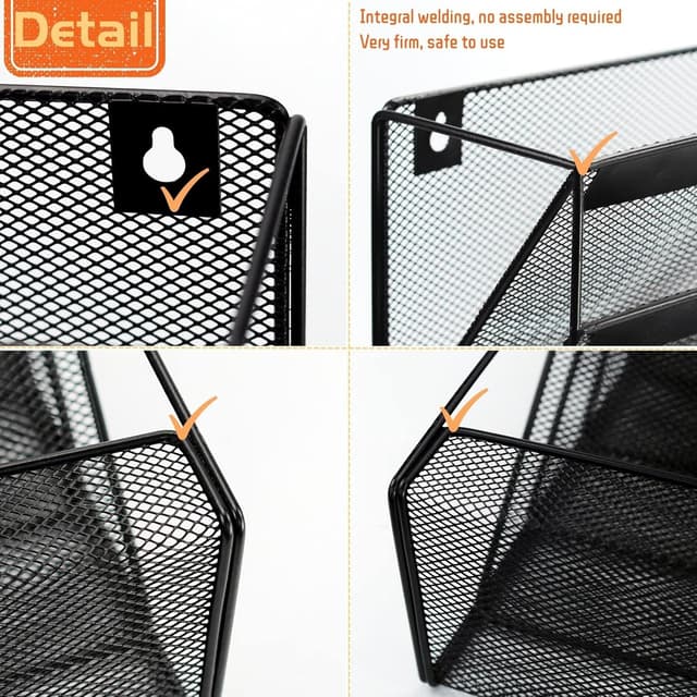 Detalle 2 de 6-Tier Hanging Wall File Holder (A4 Mesh Wall Pocket) – Black metal organiser